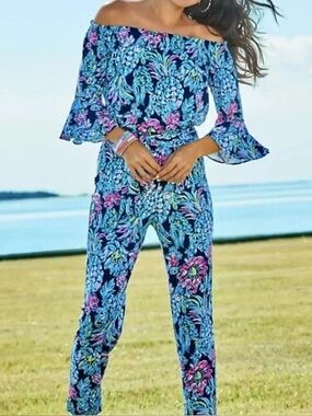 LILLY PULITZER Calla Jumpsuit Pineapple Paradise Floral Knit Off the Shoulder
